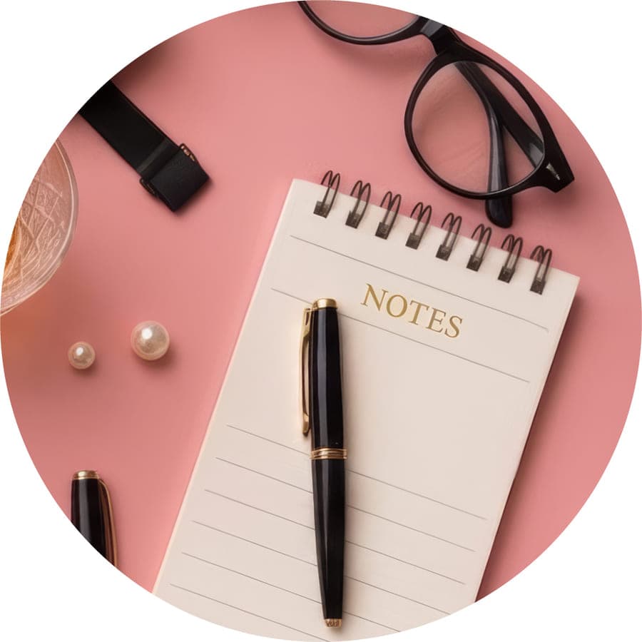 Notes, długopis i okulary do planowania kolacji kryminalnej